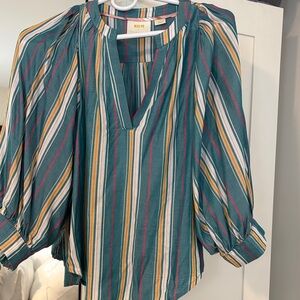 Maeve Teal and Multicolor Striped Blouse